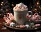 Hot chocolate garnished with whipped cream and peppermint candies.