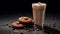 Hot chocolate in a glass and chocolate cookies on a black background. Caffeine Concept With Copy Space