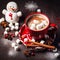 Hot chocolate with marshmallow snowman, gingerbread, candy