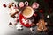 Hot chocolate with marshmallow snowman, gingerbread, candy