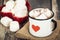 Hot Chocolate and Marshmallows in vintage enamel cup