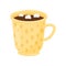 Hot chocolate with marshmallows in yellow mug. Cup of tasty cocoa. Delicious drink. Flat vector icon