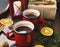 Hot chocolate mugs.winter decorations with chocolate drinks in r