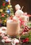 Hot chocolate with peppermint candies coated marshmallows