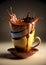 Hot chocolate splash in stacked coffee cups. Dripping, oozing melted chocolate. Modern, stylish, artistic look. AI Generative