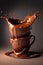 Hot chocolate splash in stacked coffee cups. Dripping, oozing melted chocolate. Modern, stylish, artistic look. AI Generative