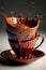 Hot chocolate splash in stacked coffee cups. Dripping, oozing melted chocolate. Modern, stylish, artistic look. AI Generative