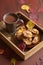 Hot chocolate warming drink cozy autumn leaves cookies