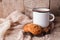 Hot chocolate warming drink wool throw cozy autumn winter cookies, christmas holiday background, copy space.