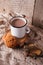 Hot chocolate warming drink wool throw cozy autumn winter cookies, christmas holiday background, copy space, top view