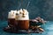 Hot chocolate with whipped cream. Chocolate dessert drink in glass