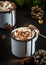 Hot chocolate with whipped cream and cocoa powder in metal mugs. Winter and autumn time. Christmas warm drink. Copy space