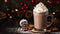 Hot chocolate with whipped cream in glass cups. Dark background garland lights bokeh. Generative AI