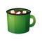 Hot chocolate with white marshmallow in green mug