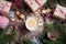 Hot Christmas Beverage in Cup Presents Background