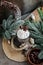 Hot cocoa drink with fluffy milk froth in a vintage mug