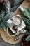 Hot cocoa drink with fluffy milk froth in a vintage mug