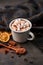 Hot cocoa drink with marshmallows in retro mug surrounded by ingredients