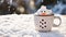 Hot cocoa with marshmallow snowmen and candy cane. Generative AI