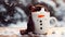 Hot cocoa with marshmallow snowmen and candy cane. Generative AI