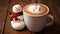 Hot cocoa with marshmallow snowmen and candy cane. Generative AI