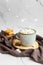 Hot cocoa with marshmallows and cookies. Warming winter drink