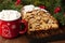 Hot cocoa with marshmallows   and  stollen  portion. Christmas concept