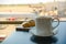 Hot coffee with breakfast at airport lounge.