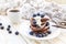 Hot coffee and buckwheat chocolate pancakes with blueberries