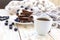 Hot coffee and buckwheat chocolate pancakes with blueberries