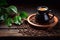 Hot coffee in a coffeepot on a wooden background with coffee leaves and beans
