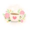 Hot coffee cup with cute blooming flowers background. Light color mug with heart pattern.