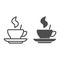 Hot coffee in a cup on saucer line and solid icon. Mug with drink and steam symbol, outline style pictogram on white