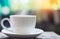 Hot coffee cup on wooden table over nature green morning background