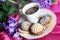 Hot coffee and delicious cookies and flowers, Breakfast