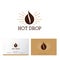 Hot coffee drop logo. Coffee emblem. Coffee drop, like coffee bean with gold sunrays.