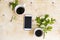 Hot coffee espresso twin cup with mobile phone