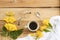 Hot coffee espresso with white cloth ,yellow flowers of lifestyle