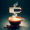 hot coffee with a faint steam. An image of the battery status bar almost full. floating on top.Concept of coffee to recharge your