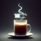 hot coffee with a faint steam. An image of the battery status bar almost full. floating on top.Concept of coffee to recharge your