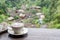 Hot coffee mug,Glass with sugar Coffee flavoring on wood table