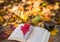 Hot coffee and red book with autumn leaves on wood background