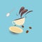 Hot coffee spilled out of the cup with coffee beans ,illustration