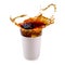 Hot coffee splashing on Takeaway White paper coffee cup isolated