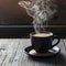 Hot coffee steams on rustic wooden table, cozy morning