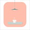 Hot coffee or tea in a cup on the table, loft style lamp, pink room. Comfort and harmony. Vector flat illustration
