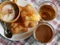 Hot coffee with tea, deep-fried dough stick and soft boiled eggs.