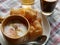 Hot coffee with tea, deep-fried dough stick and soft boiled eggs.