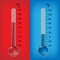 Hot and cold thermometers isolated on red and blue background Fahrenheit and celsius