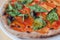 Hot colorful vegetarian pizza with cheese, tomato sauce and greens. Popular italian food